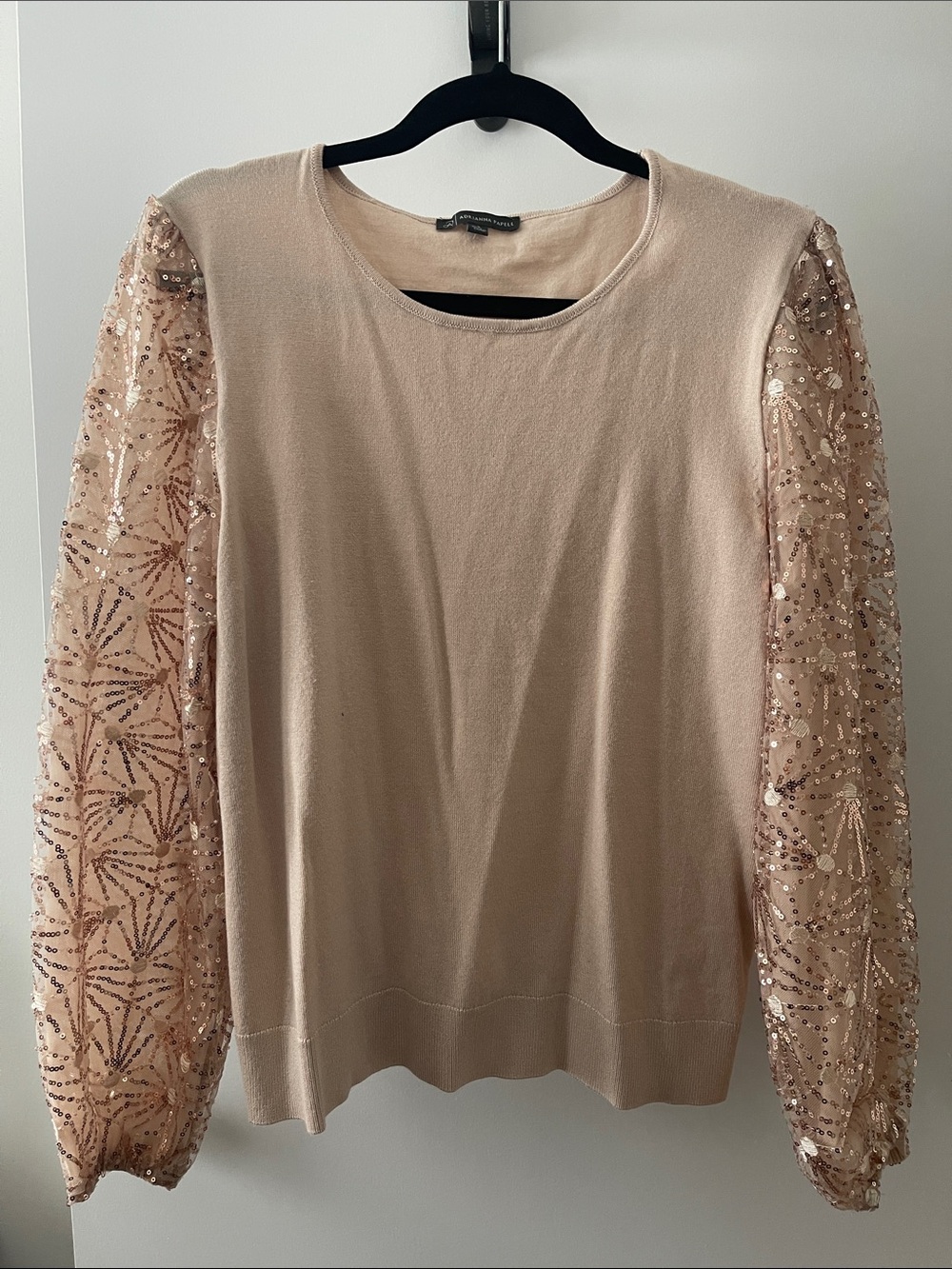 Adrianna Papell Blush Sequin Mesh Sleeve Crewneck